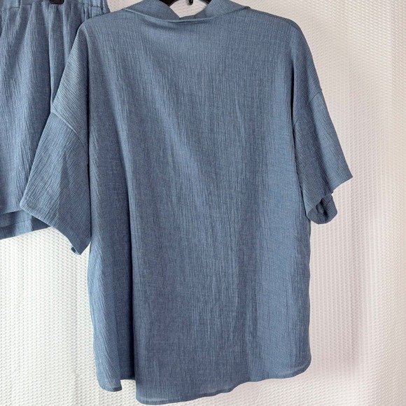 Womens 5XL Blue Crinkle Textured Button Down Shirt Shorts Set Relaxed Vacation - Picture 4 of 10